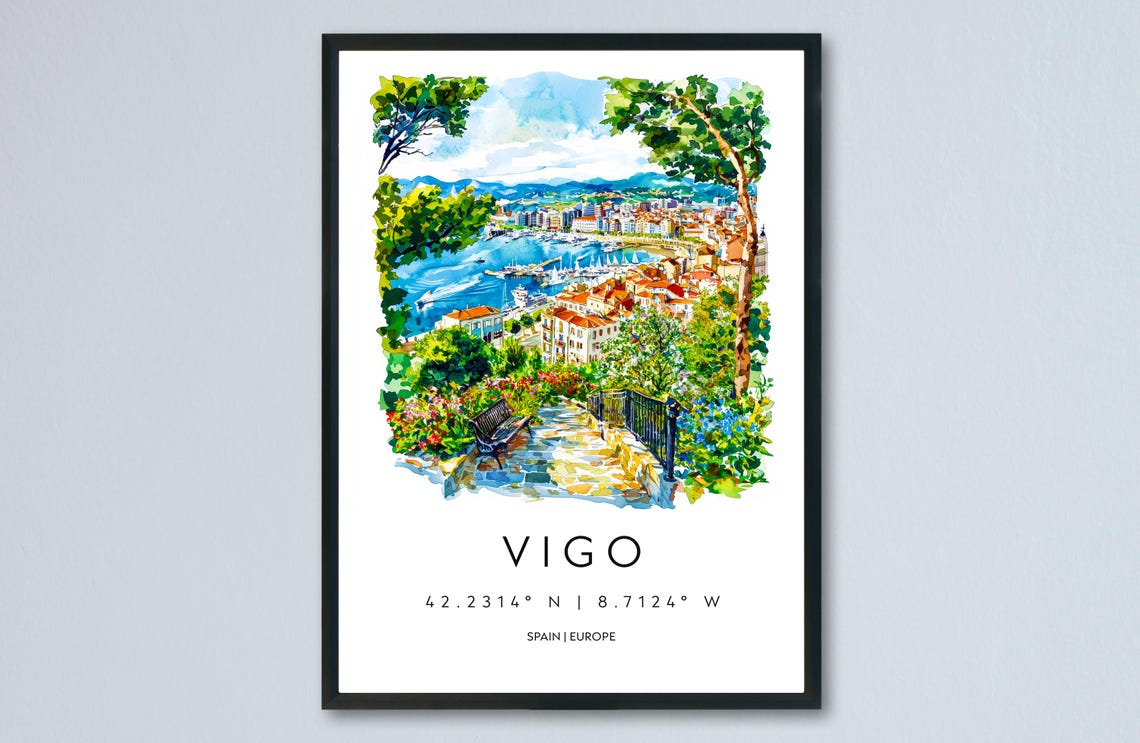 Vigo Spain Harbor View From Hilltop Gardens Watercolor Poster