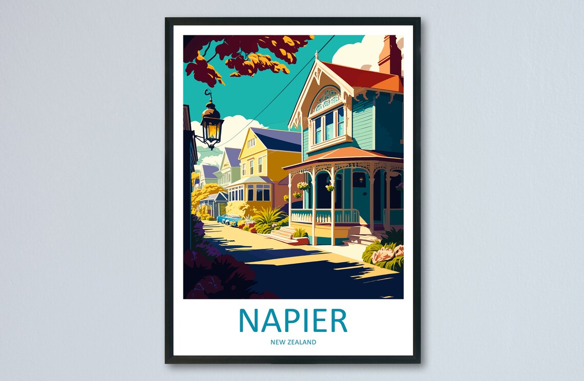Napier New Zealand Historic Villas Street Vintage Travel Poster Art