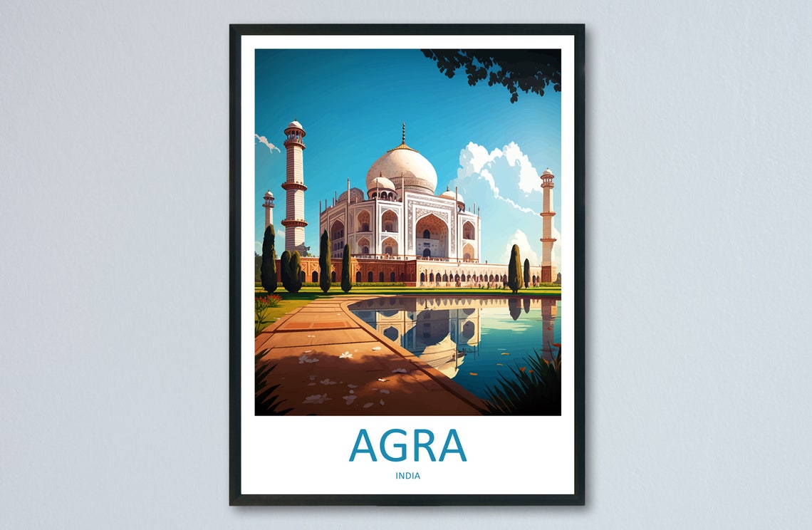 Agra India Taj Mahal Reflection Pool Scenic Vintage Travel Poster