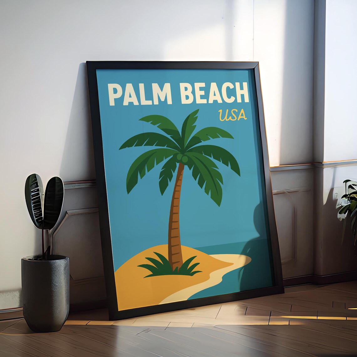 Palm Beach USA Tropical Island Palm Tree Retro Travel Poster