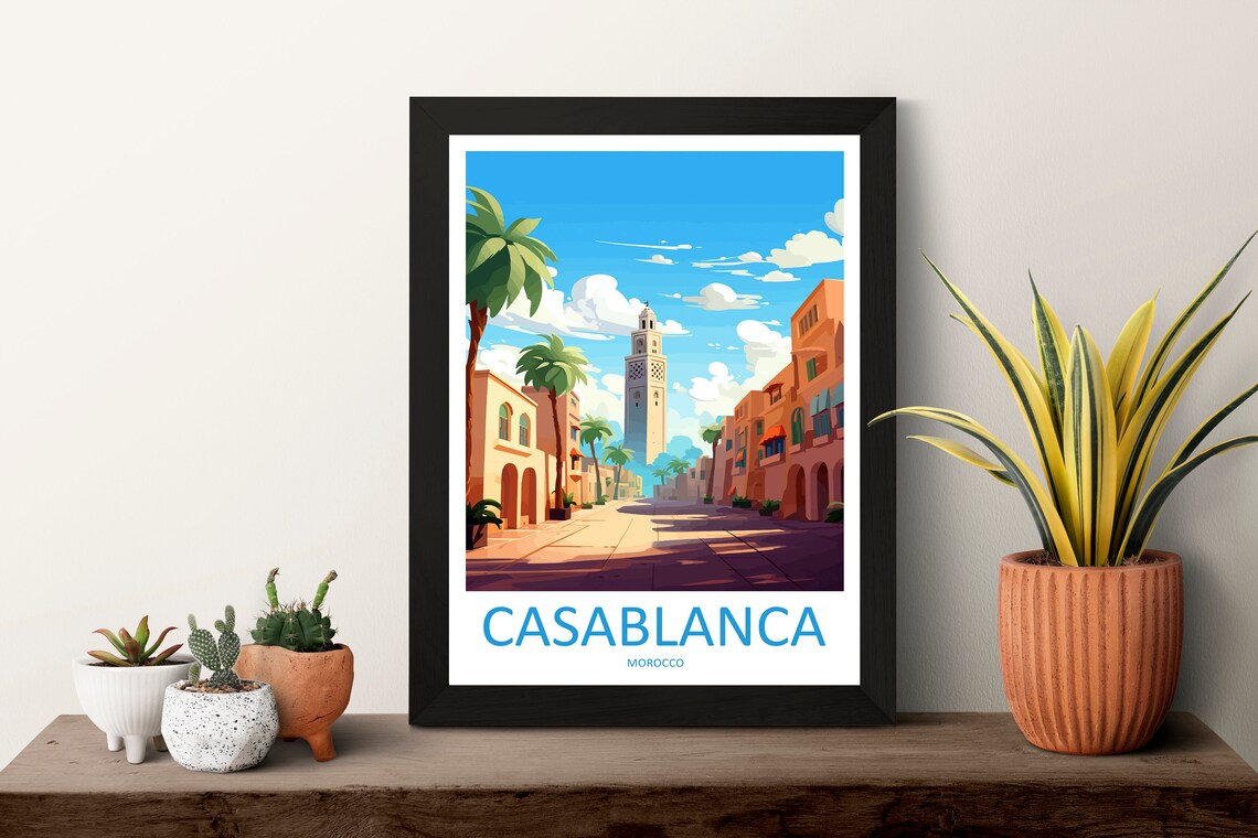Casablanca Morocco Sunlit Street Palm Trees And Minaret Poster - Image 3