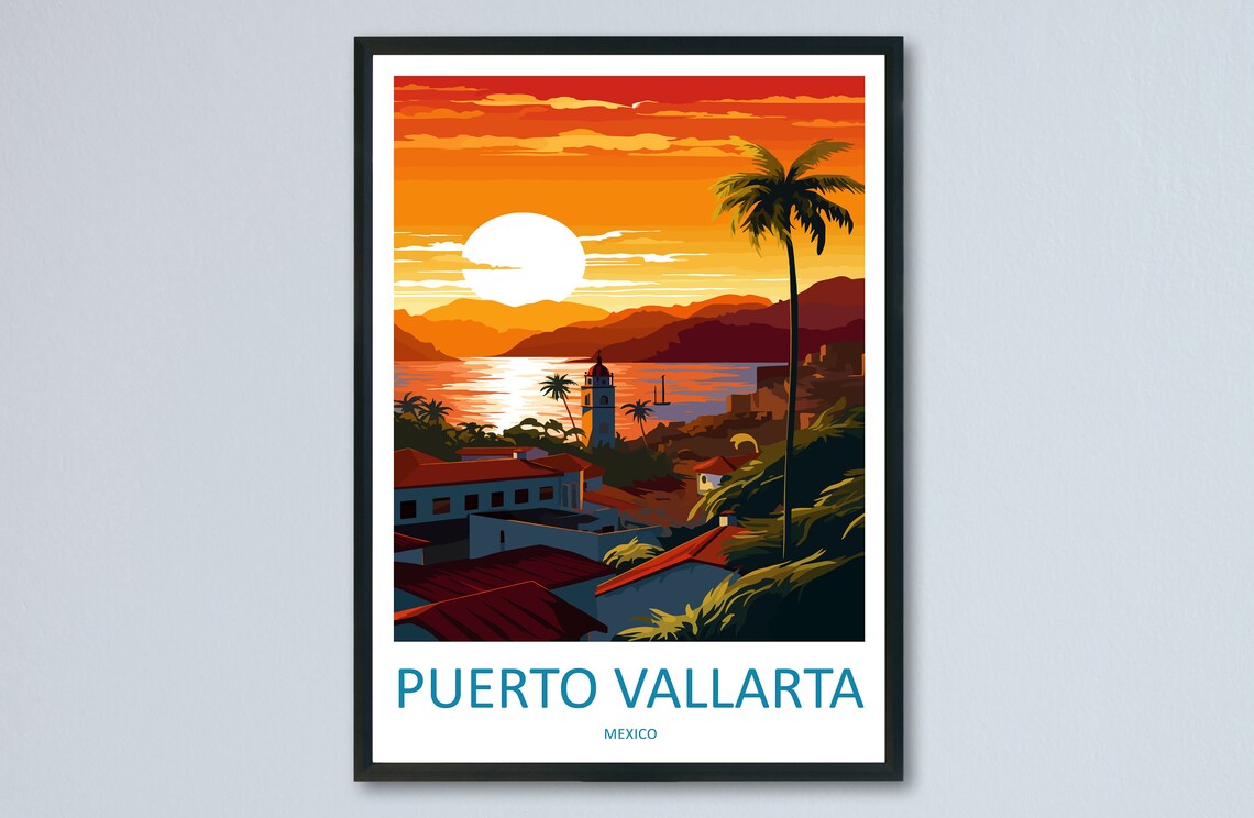 Puerto Vallarta Mexico Bay Sunset Palm Church Tower Travel Poster