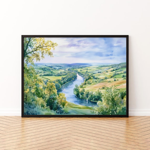Wye Valley England Watercolor Travel Poster, River Scene