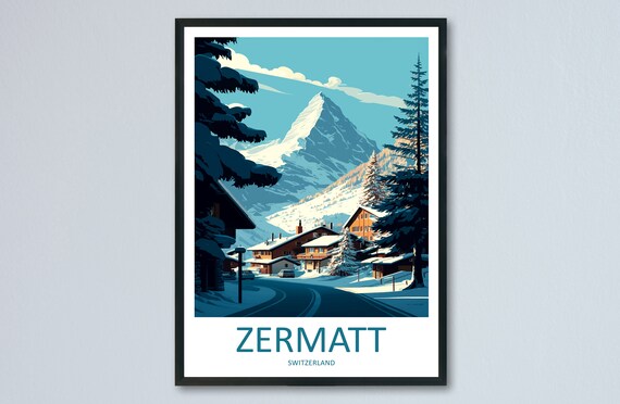 Zermatt Travel Poster, Skiing Mountain Scene
