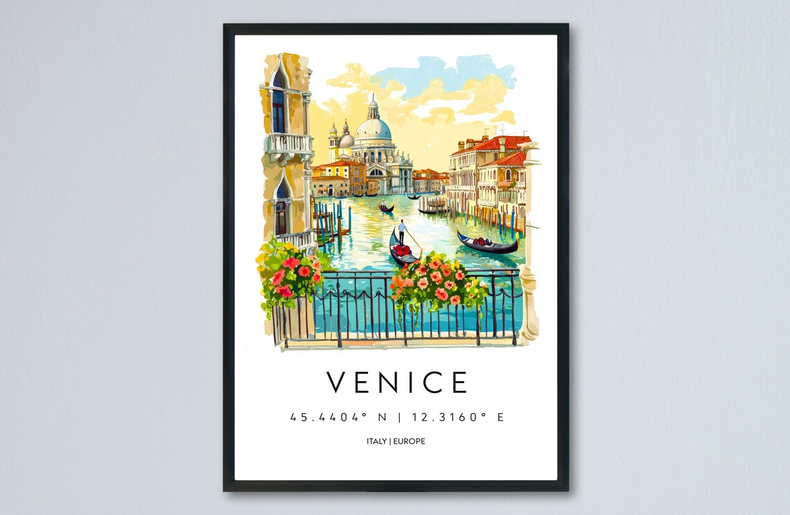 Venice Italy Watercolor Travel Poster Grand Canal With Gondolas
