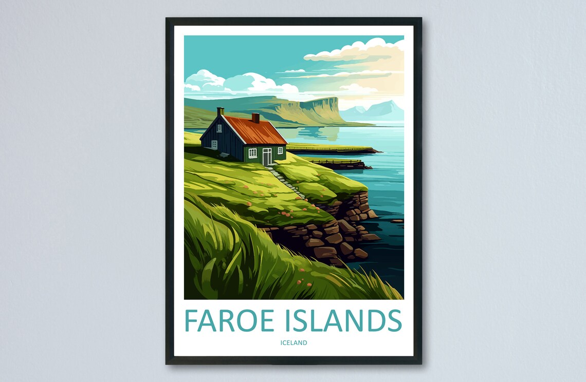Faroe Islands Green Cliff Coastal Cottage Nordic Travel Poster