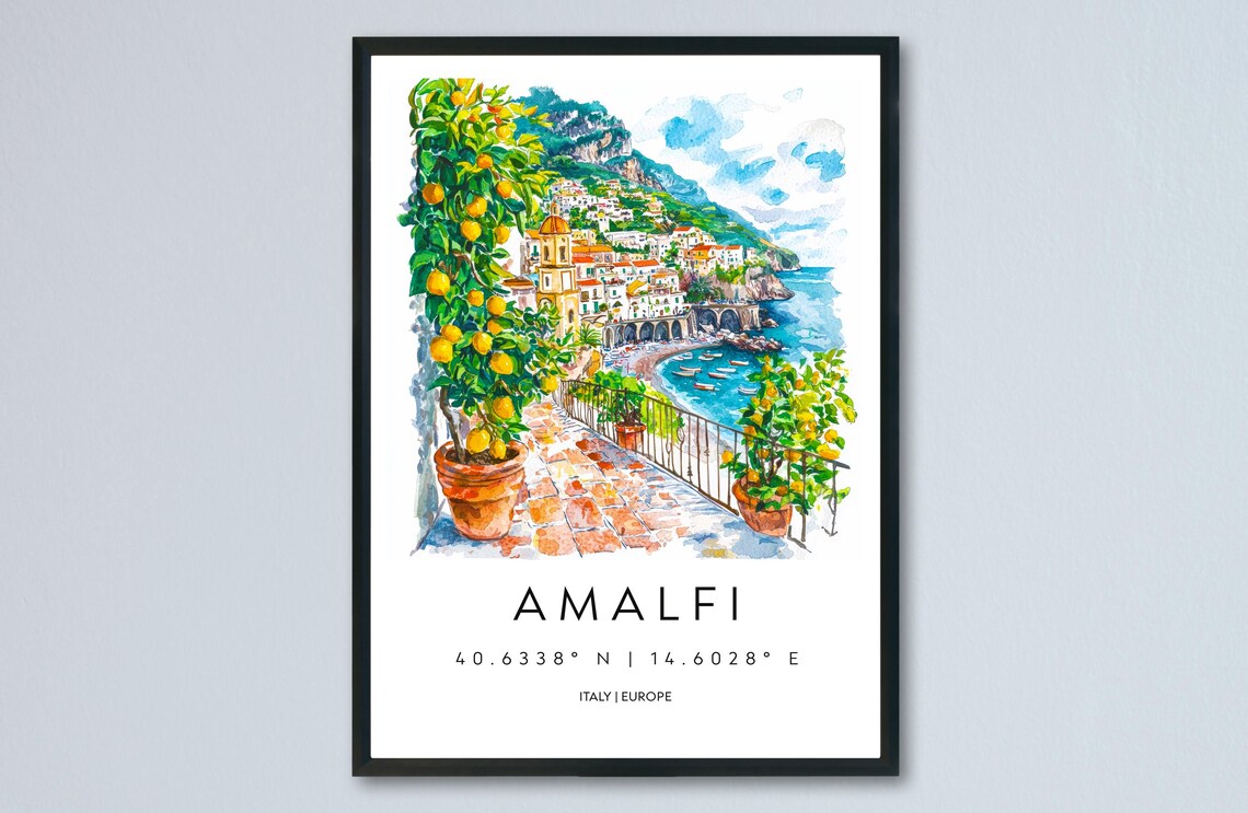 Amalfi Italy Lemon Terrace Cliffside Town Watercolor Travel Poster