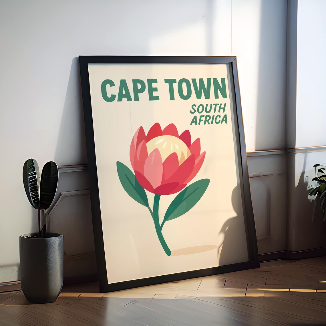 Cape Town South Africa Pink Protea Flower Retro Travel Poster