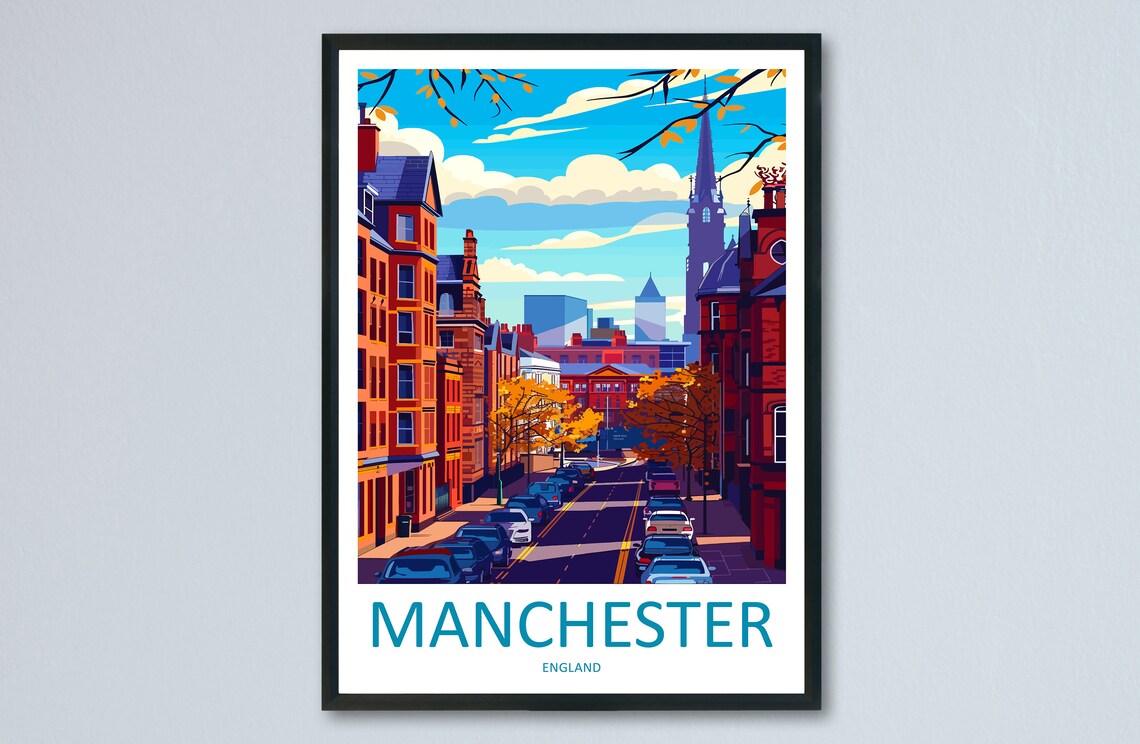 Manchester England Historic Street Autumn Cityscape Travel Poster