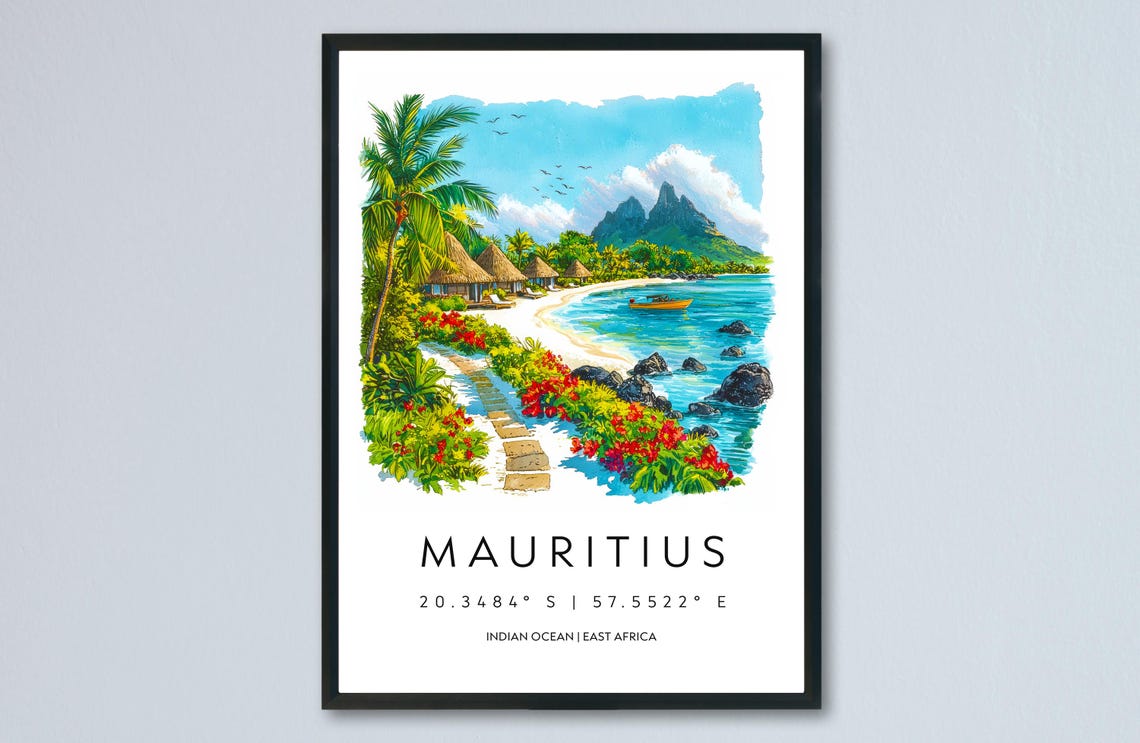 Mauritius Island Tropical Beach Watercolor Souvenir Travel Poster
