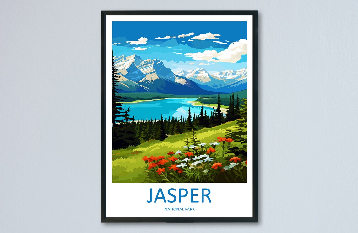 Jasper National Park Snowcapped Peaks Lake Canada Travel Poster