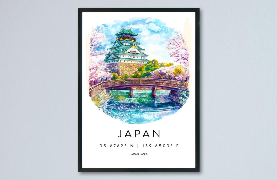 Japan Osaka Castle Cherry Blossom Spring Watercolor Travel Poster