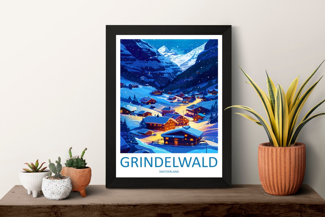 Grindelwald Switzerland Snowy Village Glowing Night Travel Poster - Image 3