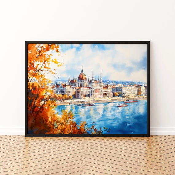 Budapest Hungary Watercolor Poster Travel Print Cityscape Painting Danube River Wall Art Europe Decor Souvenir