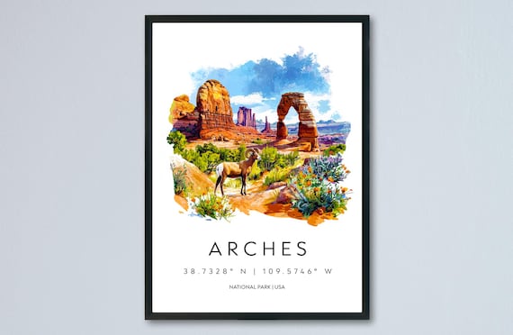 Arches National Park Utah Sandstone Arch Bighorn Sheep Watercolor Poster