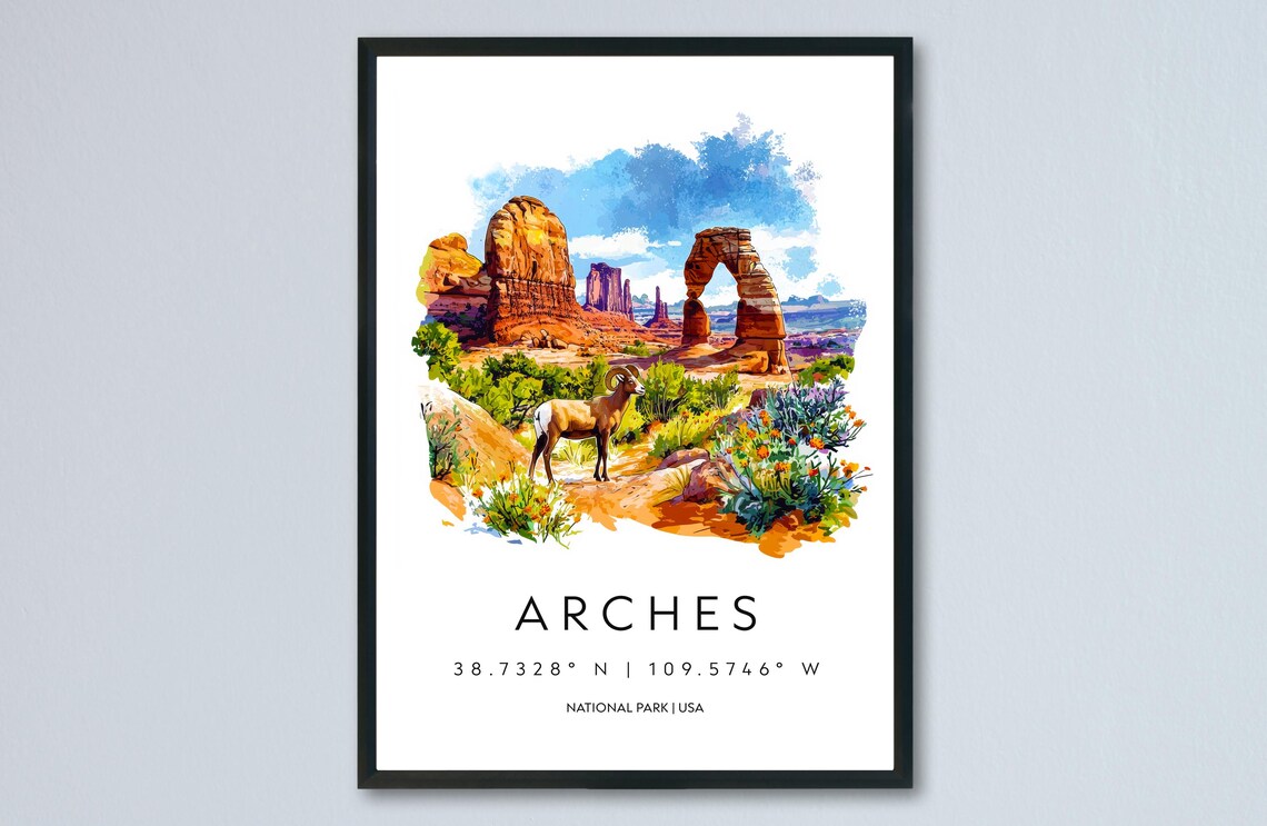 Arches National Park Utah Sandstone Arch Bighorn Sheep Watercolor Poster