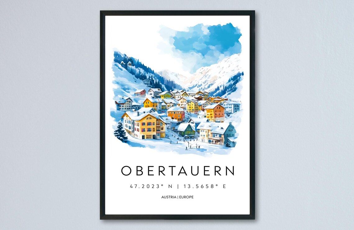 Obertauern Austria Snowy Ski Village Alpine Watercolor Poster