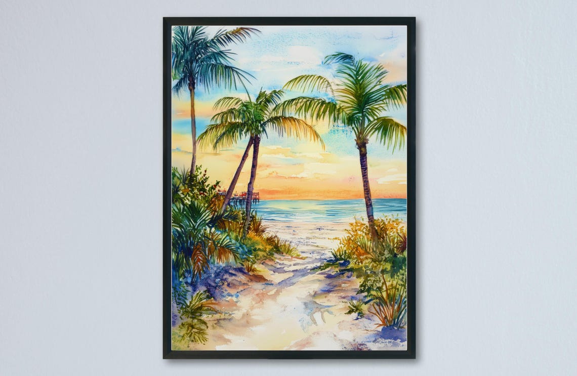 Sunset Beach Palm Trees Pier Golden Ocean Watercolor Art Poster