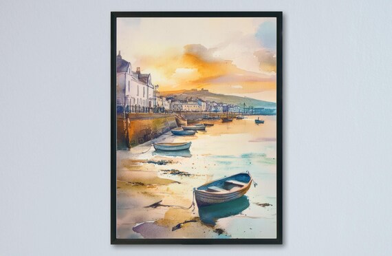 Penzance Cornwall Harbor at Low Tide and Rowboat Sunset Poster