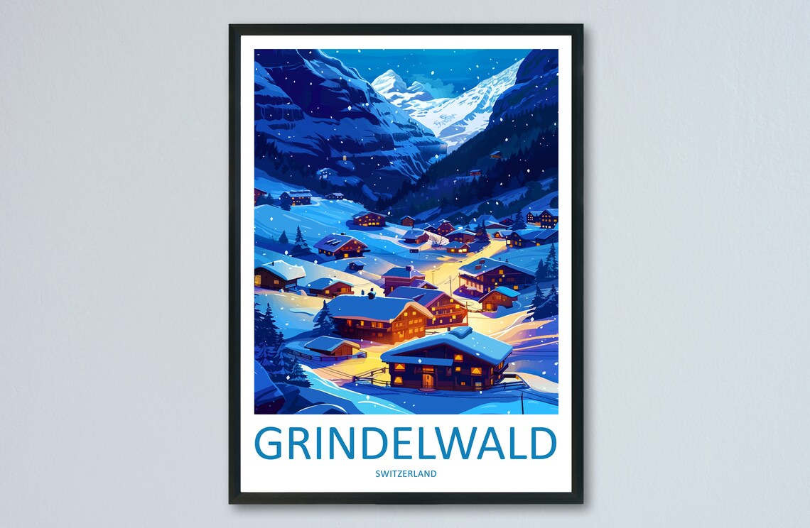 Grindelwald Switzerland Snowy Village Glowing Night Travel Poster