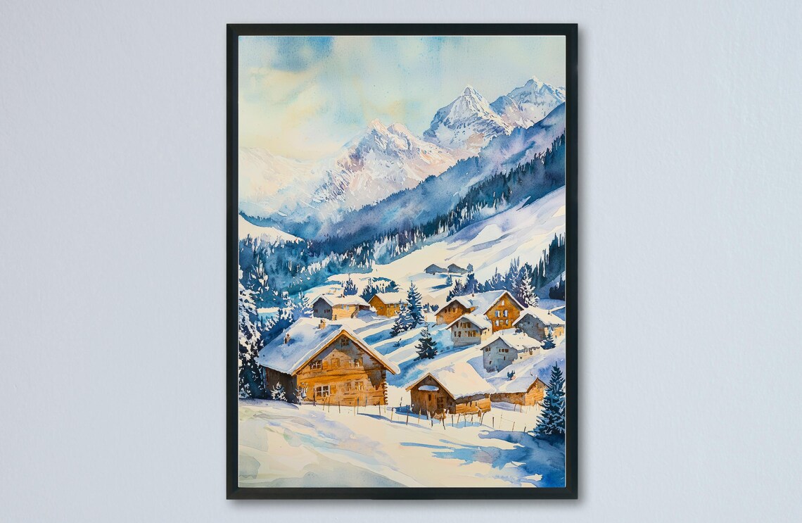 Arosa Winter Snowy Alpine Village Chalet Watercolor Travel Poster