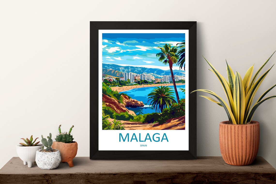Malaga Spain Golden Beach Bay Palms Mountains Coastal City Poster - Image 3