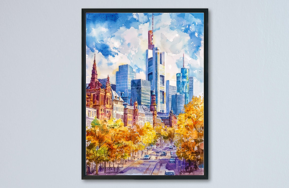 Frankfurt Germany Skyline Autumn Streets Watercolor City Poster
