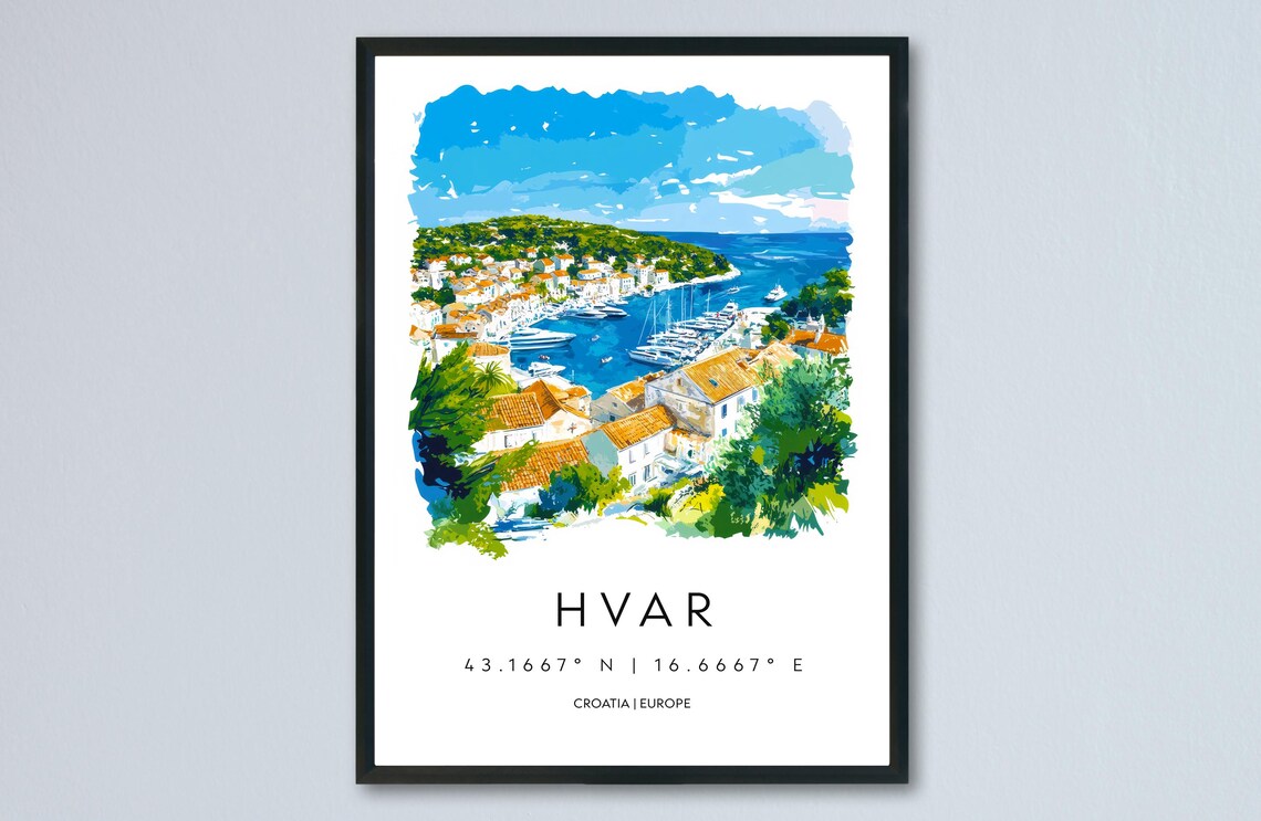 Hvar Island Marina View Croatia Scenic Watercolor Travel Poster