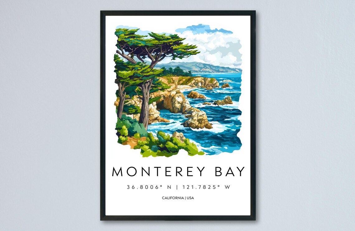 Monterey Bay California Cypress Coast Watercolor Travel Poster