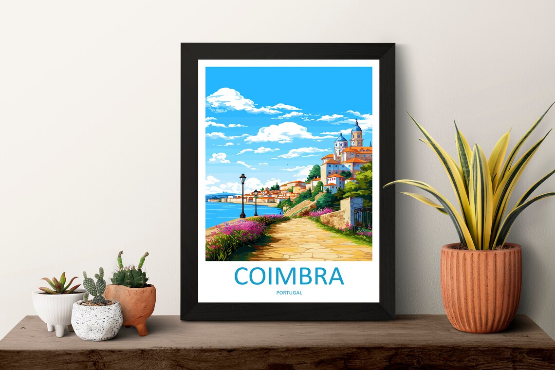 Coimbra Portugal Riverside Stone Path Flowers Church Travel Poster - Image 3