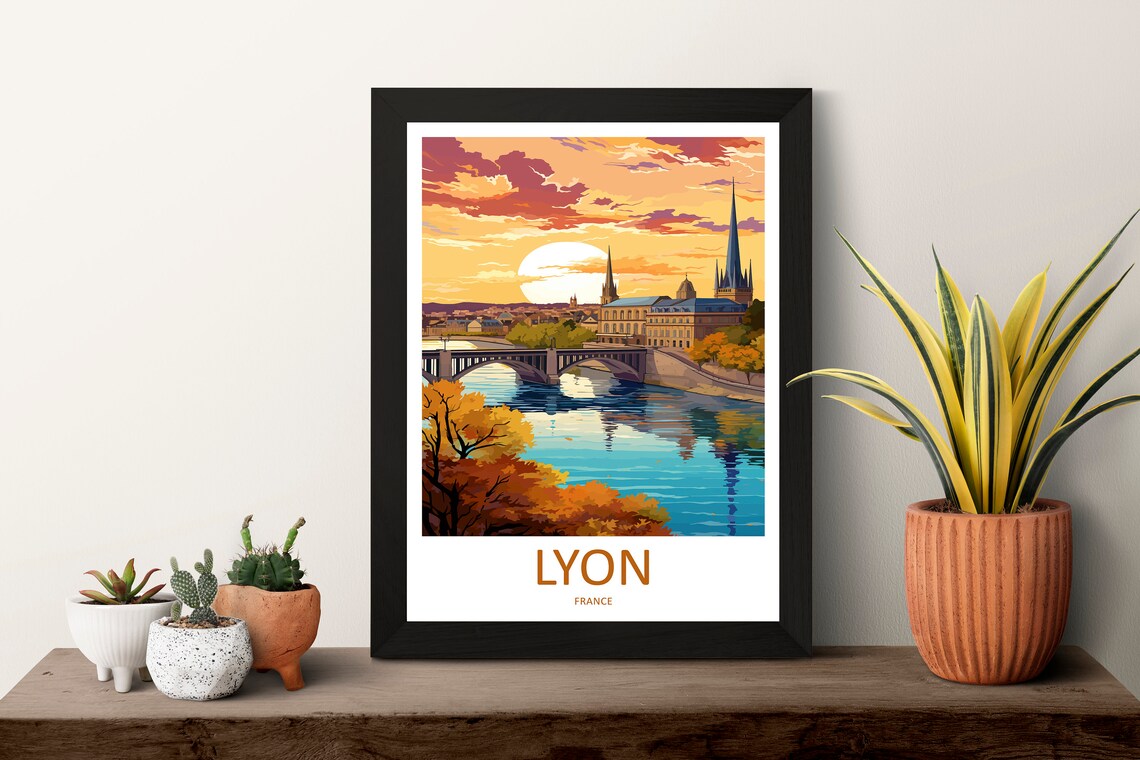 Lyon France Sunset River Bridge Cityscape Golden Hour Travel Poster - Image 3