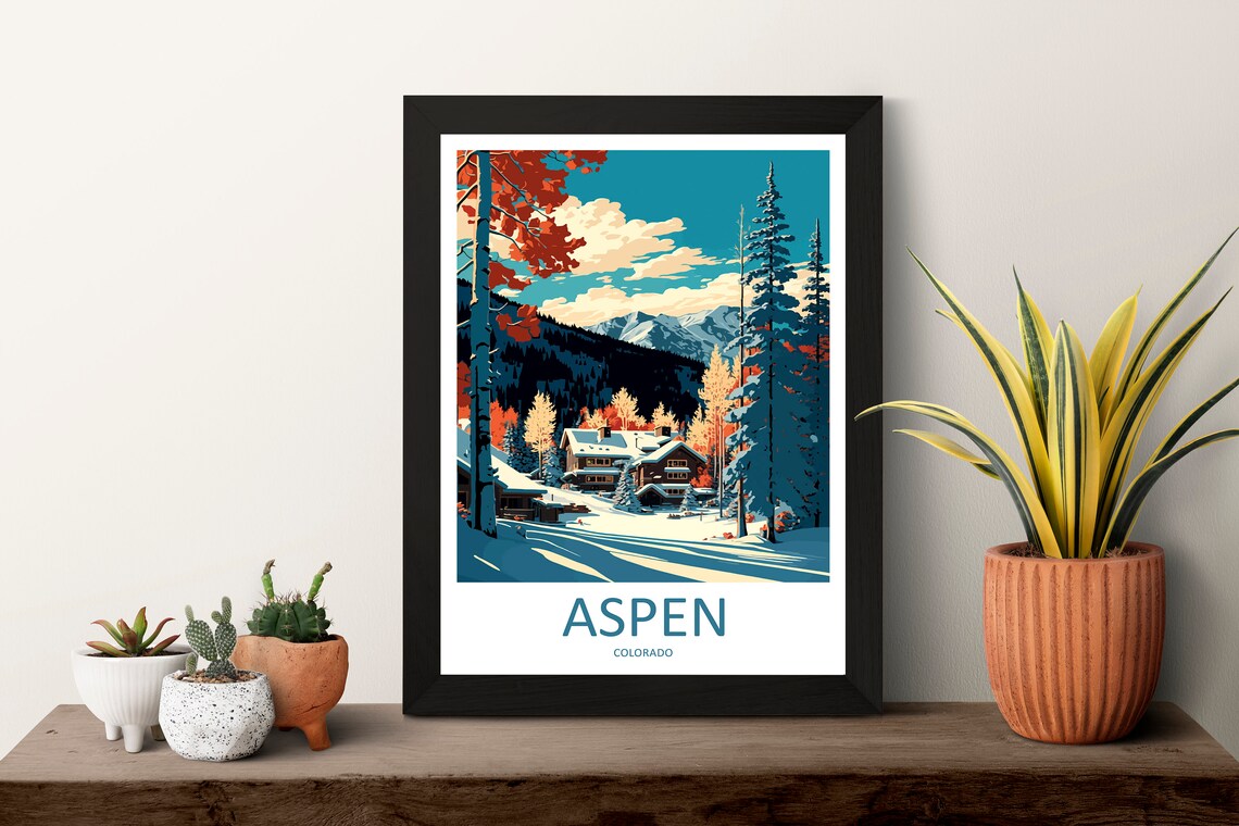 Aspen Colorado Snowy Lodge Autumn Foliage Mountain Peaks Travel Poster - Image 3