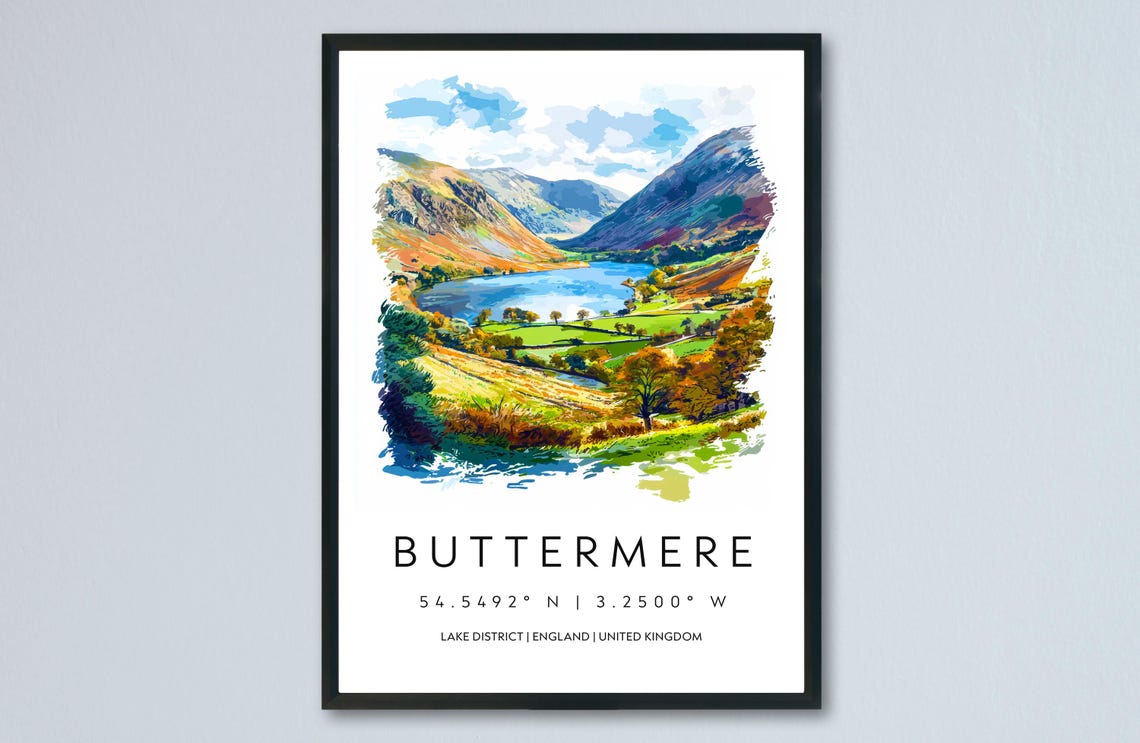 Buttermere Autumn Lake Between Mountain Peaks Watercolor Poster