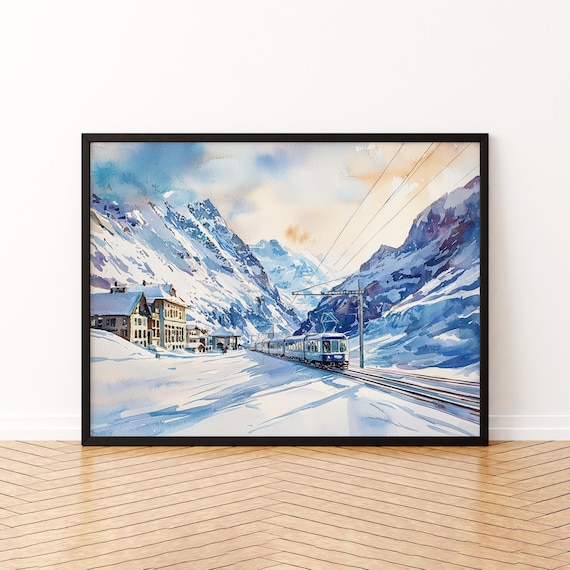 Jungfraujoch Switzerland Watercolor Poster Snowy Train Railway Alps