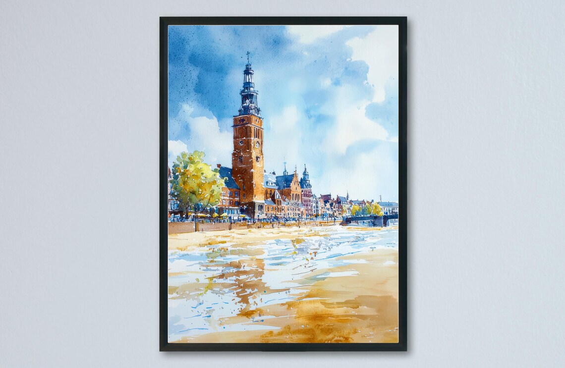 Nijmegen Riverside Tall Church Tower Sunny Day Watercolor Poster