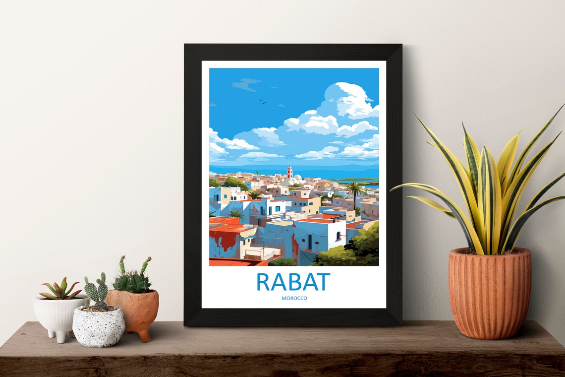 Rabat Morocco White City Skyline With Minaret And Palm Trees Poster - Image 3