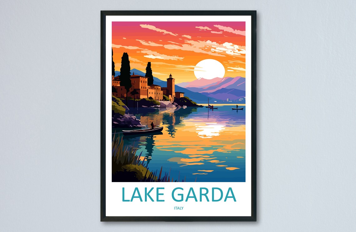 Sunset Over Lake Garda Italy Village Lakeside Water Travel Poster