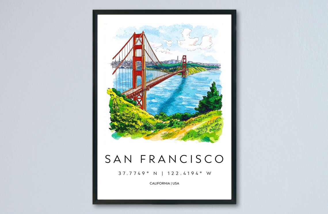 San Francisco California Golden Gate Bridge Watercolor Poster