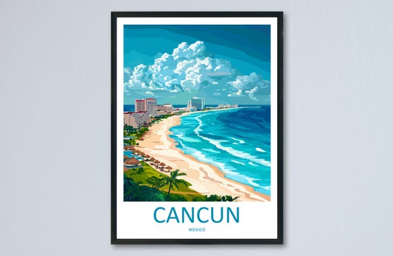 Cancun Travel Poster, Mexico Tropical Beach View