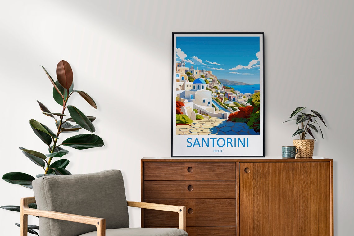 Santorini Greece White Village Blue Domes Over Aegean Sea Poster - Image 2