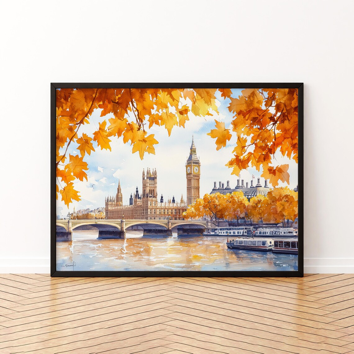 London England Watercolor Travel Poster, Skyline