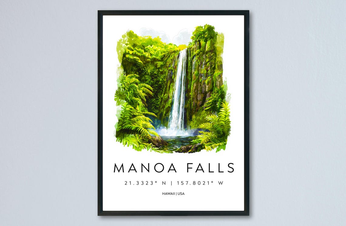 Manoa Falls Jungle Waterfall Hawaii Watercolor Travel Poster