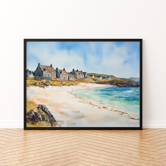 Isle of Iona Scotland Beach Watercolor Poster Stone Cottages Coastal Art