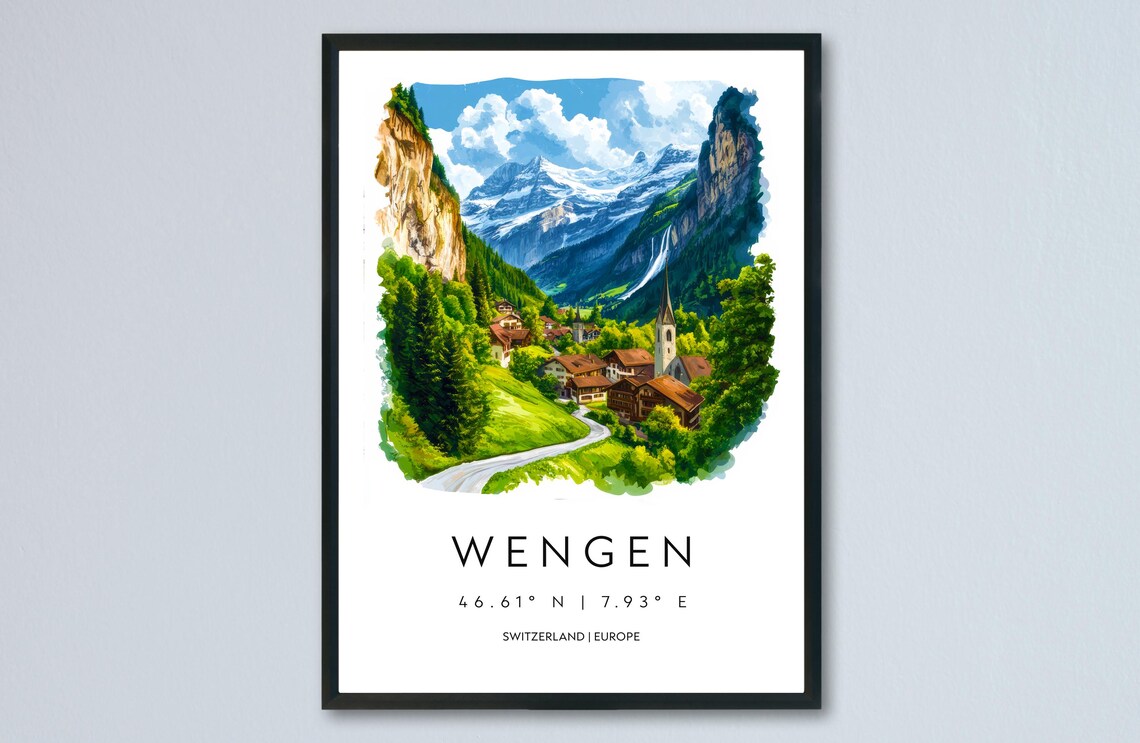 Wengen Valley Watercolor Swiss Village Mountain Vista Poster