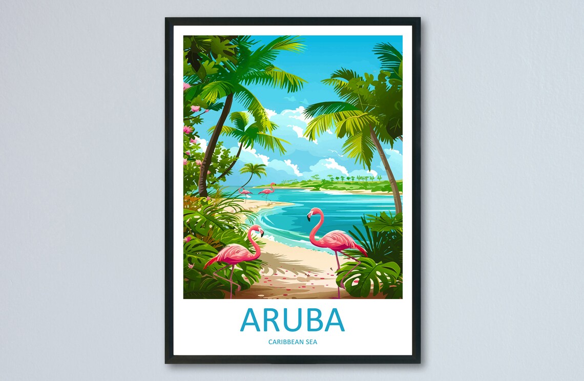 Aruba Caribbean Sea Flamingo Beach Palms Tropical Travel Poster