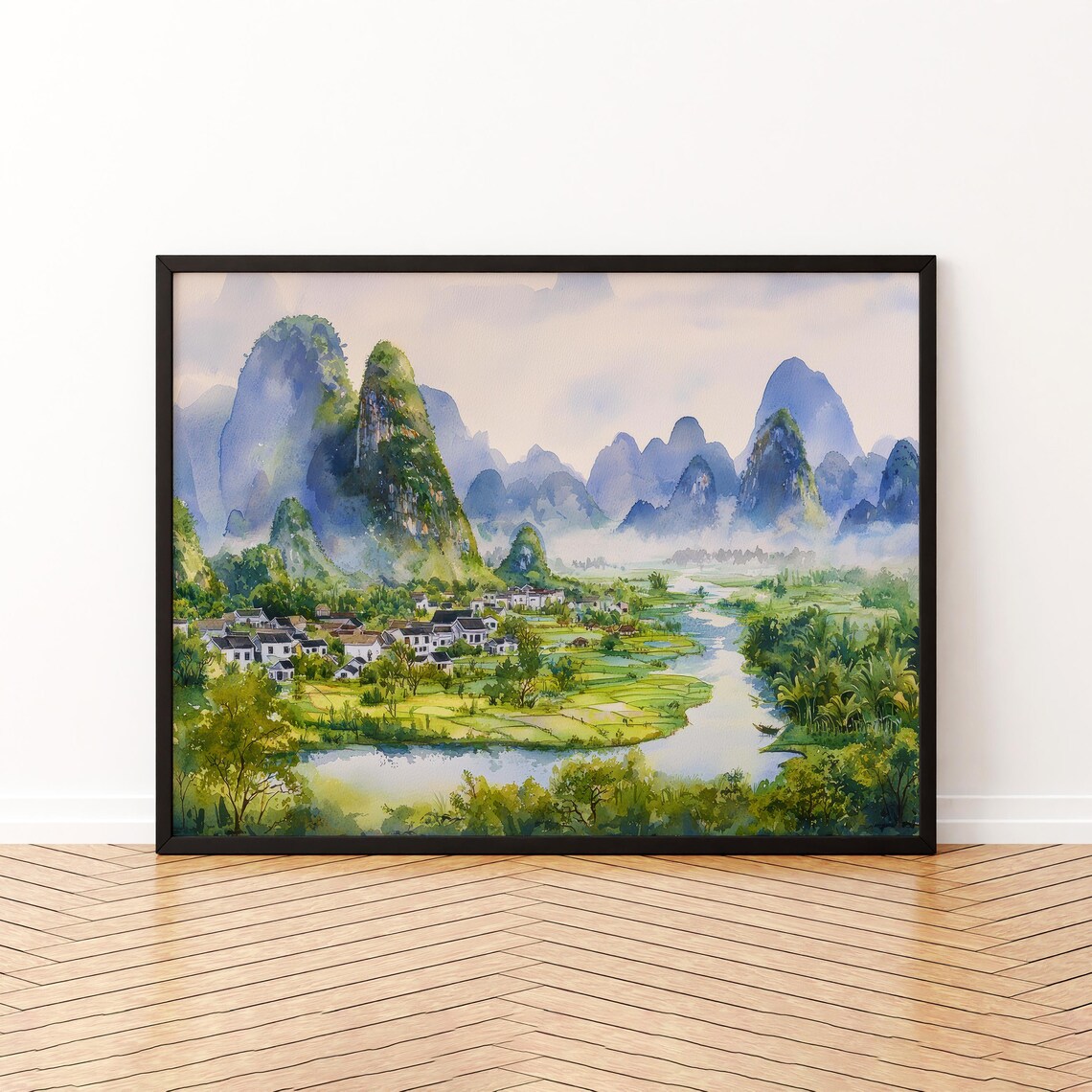 Yangshuo China Watercolor Travel Poster, Karst Landscape