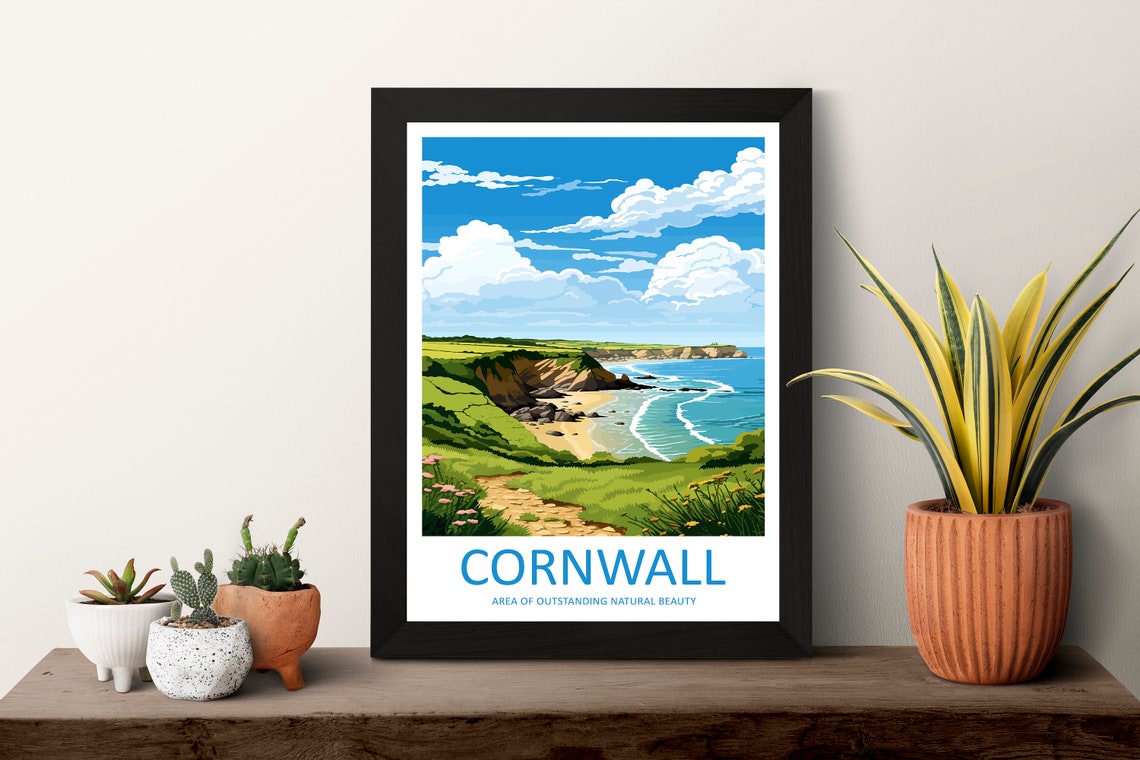 Cornwall England Coastline Cliffs Beach Blue Style Travel Poster - Image 3