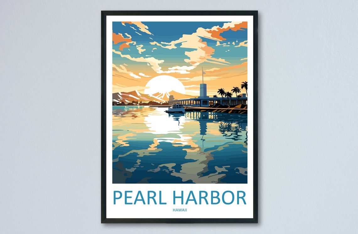 Pearl Harbor Hawaii Sunset Harbor Waterfront History Scene Poster
