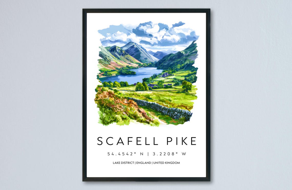 Scafell Pike Englands Highest Peak Lake Valley Watercolor Poster