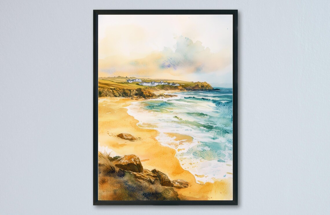 Sennen Cove Golden Beach Surf Waves Rocky Headland Cornwall Poster